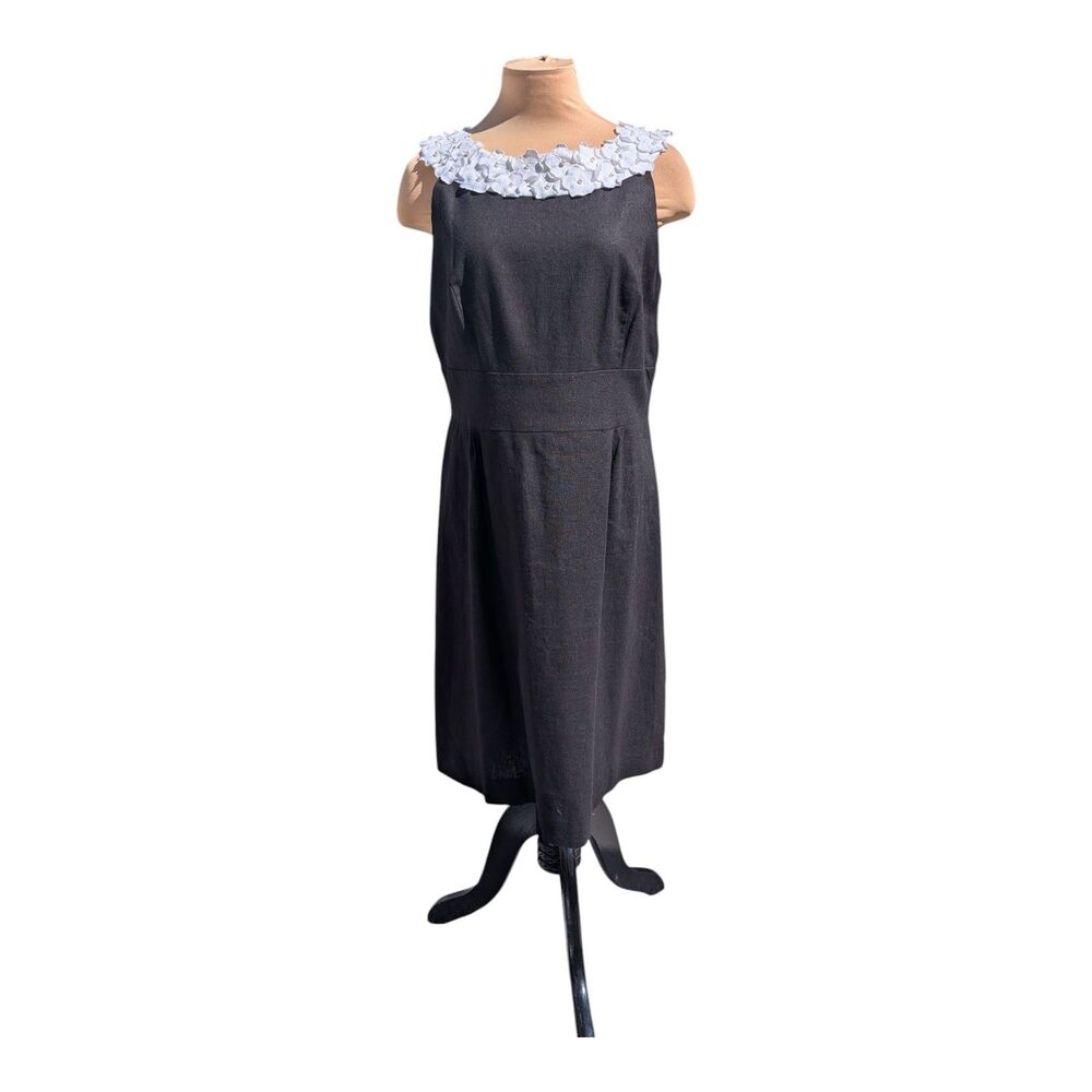 Jessica Howard Black White Embroidered Sheath Dress Size 14 Linen Vintage Chic